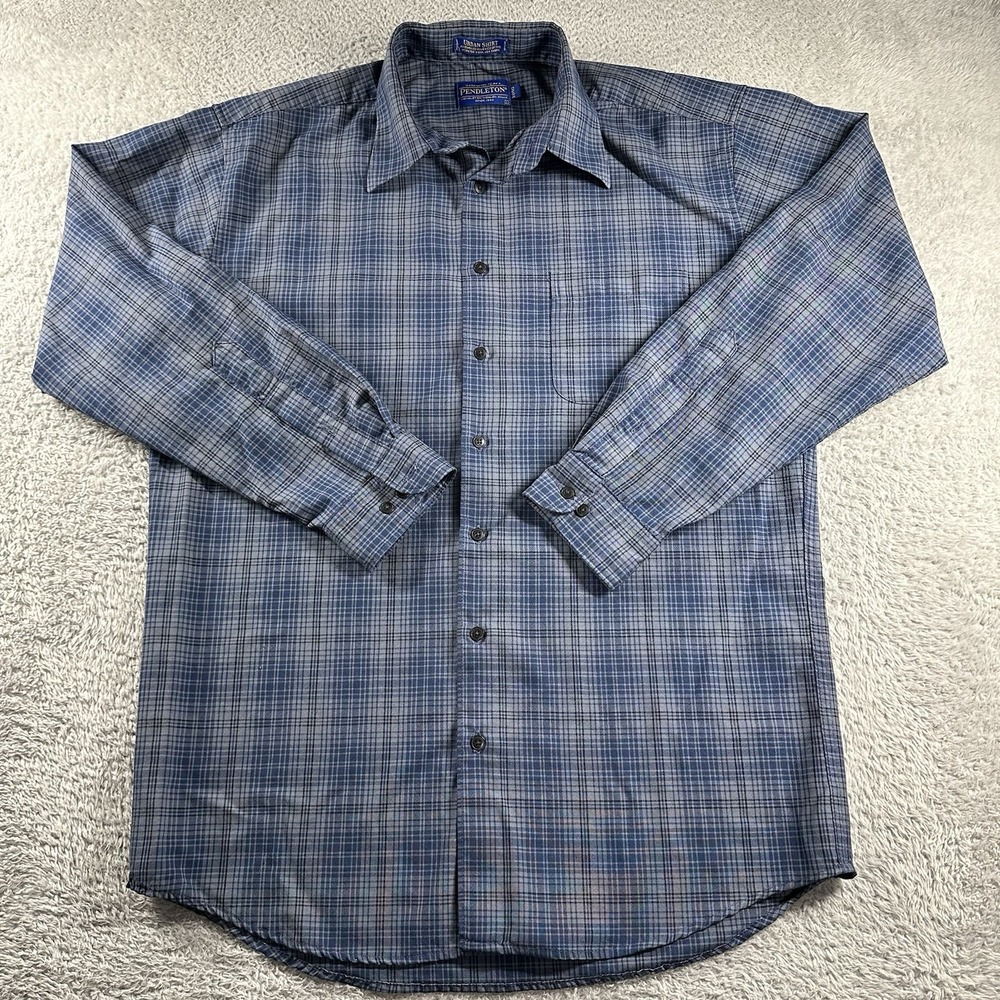 VINTAGE Pendleton Urban Wool Shirt Mens Large Long Plaid Blue Gray‎ Button Up